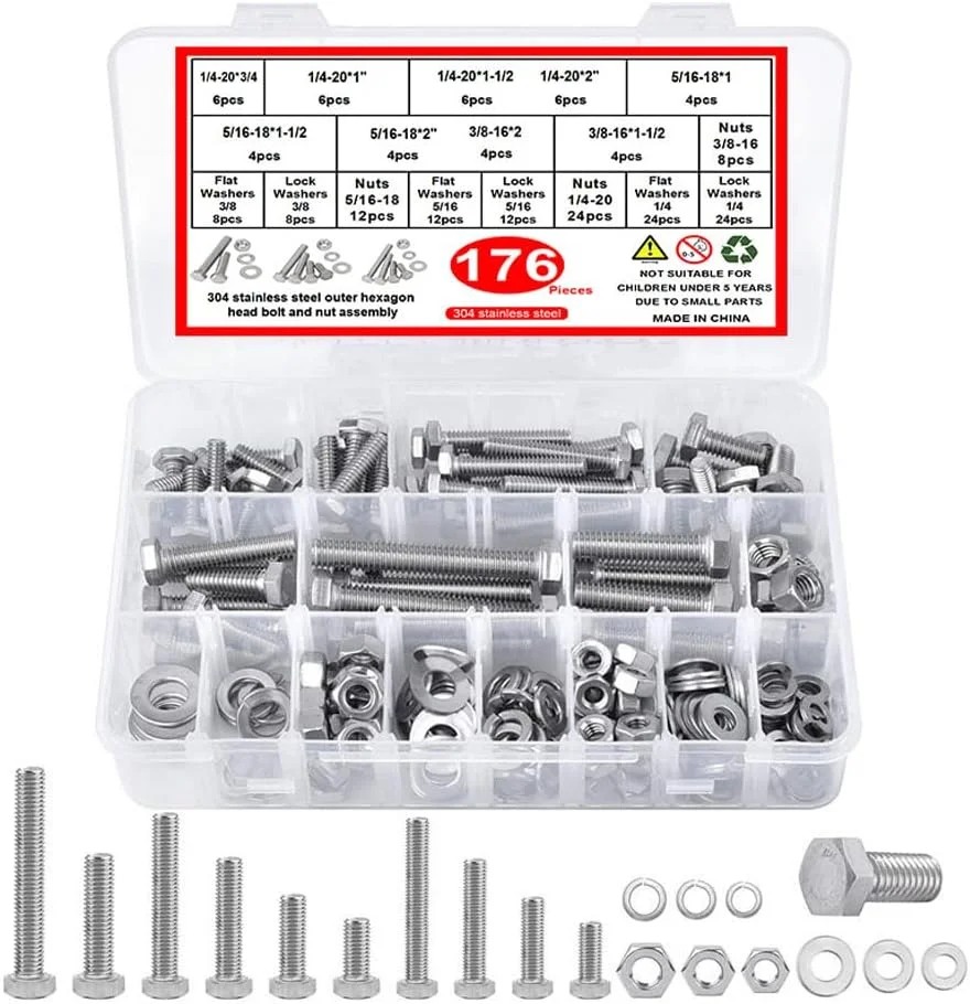 کیت پیچ و مهره های سنگین X spring، 176 عدد پیچ شش گوش استیل ضد زنگ آمریکایی با واشر تخت، کیت متنوع پیچ و مهره های سنگین، شامل 16 سایز رایج کیت پیچ و مهره های سنگین X spring، 176 عدد پیچ شش گوش استیل ضد زنگ آمریکایی با واشر تخت، کیت متنوع پیچ و مهره های سنگین، شامل 16 سایز رایج