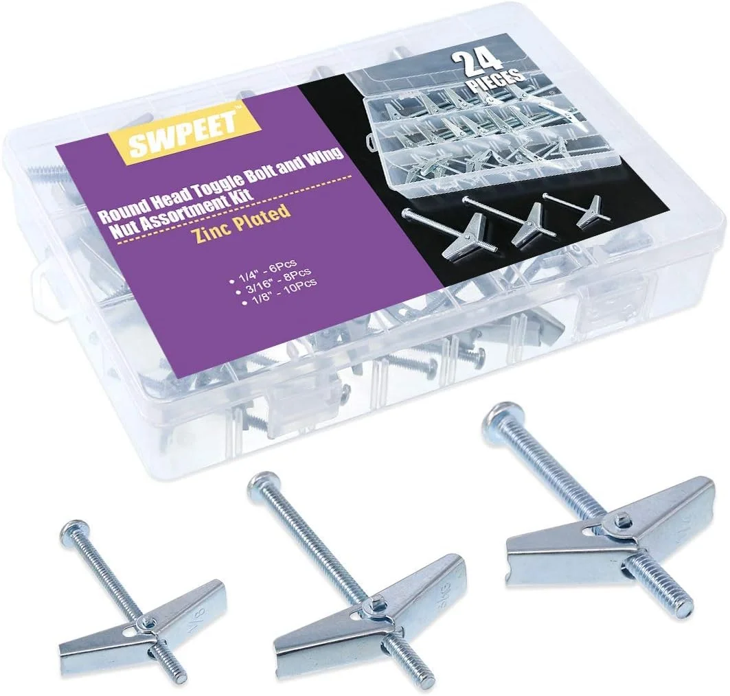 Swpeet Assorted 24 Pcs Toggle Bolt and Wing Nut for Hanging Heavy Items on Drywall - 1/8 Inch, 3/16Inch, 1/4Inch Swpeet Assorted 24 Pcs Toggle Bolt and Wing Nut for Hanging Heavy Items on Drywall - 1/8 Inch, 3/16Inch, 1/4Inch