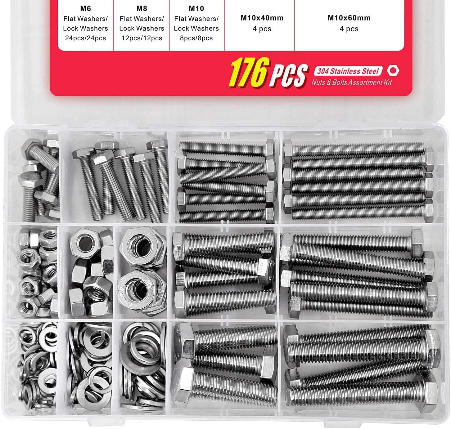 کیت پیچ و مهره های سنگین X spring، 176 عدد پیچ شش گوش استیل ضد زنگ آمریکایی با واشر تخت، کیت متنوع پیچ و مهره های سنگین، شامل 16 سایز رایج کیت پیچ و مهره های سنگین X spring، 176 عدد پیچ شش گوش استیل ضد زنگ آمریکایی با واشر تخت، کیت متنوع پیچ و مهره های سنگین، شامل 16 سایز رایج