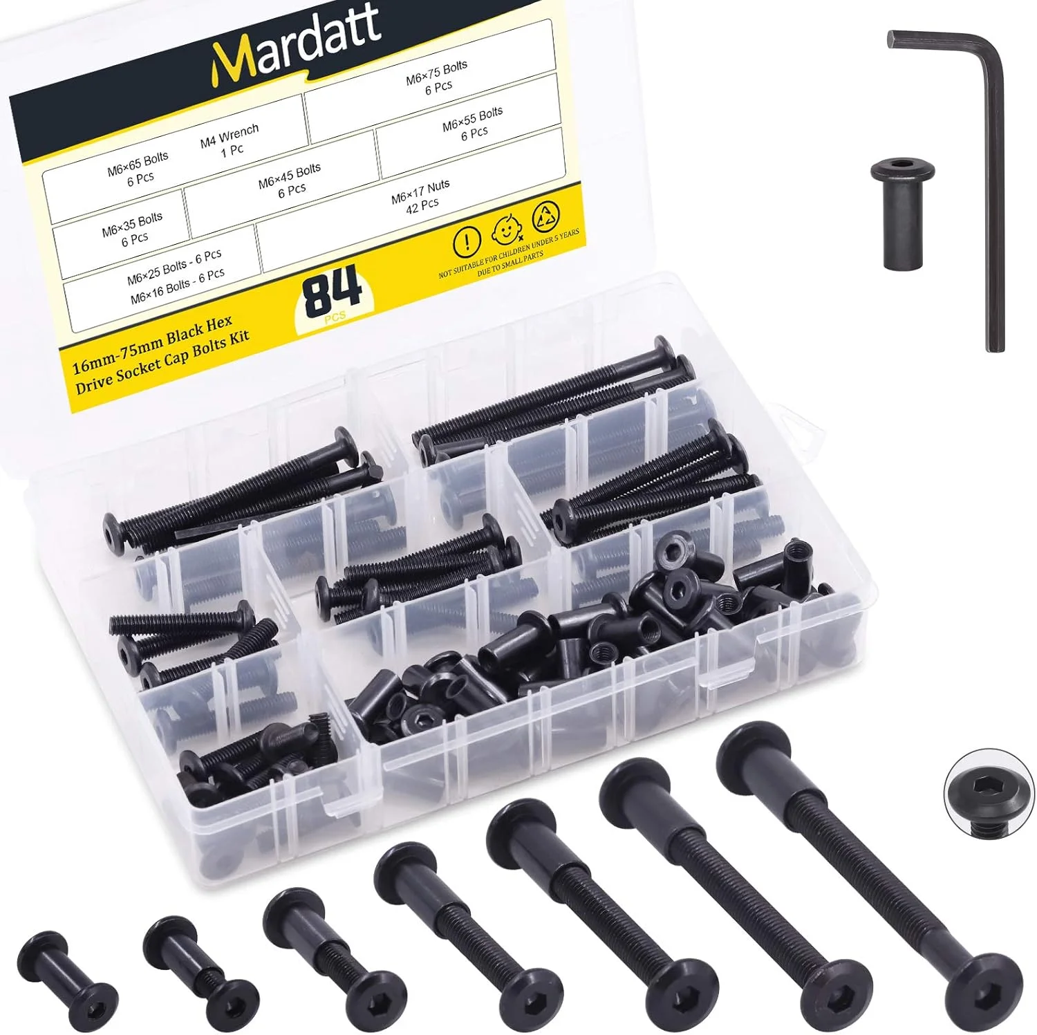 مجموعه 85 عددی پیچ و مهره استوانه ای Mardatt، شامل پیچ های آلن M6 در 7 سایز مختلف (16mm/25mm/35mm/45mm/55mm/65mm/75mm) به رنگ مشکی، مناسب برای بستن کمربند، مبلمان چرمی و اتصالات مختلف مجموعه 85 عددی پیچ و مهره استوانه ای Mardatt، شامل پیچ های آلن M6 در 7 سایز مختلف (16mm/25mm/35mm/45mm/55mm/65mm/75mm) به رنگ مشکی، مناسب برای بستن کمربند، مبلمان چرمی و اتصالات مختلف