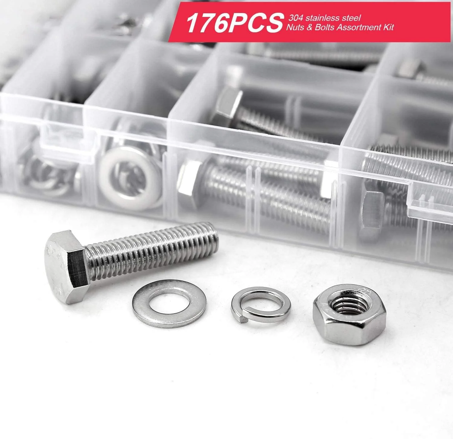 کیت پیچ و مهره های سنگین X spring، 176 عدد پیچ شش گوش استیل ضد زنگ آمریکایی با واشر تخت، کیت متنوع پیچ و مهره های سنگین، شامل 16 سایز رایج کیت پیچ و مهره های سنگین X spring، 176 عدد پیچ شش گوش استیل ضد زنگ آمریکایی با واشر تخت، کیت متنوع پیچ و مهره های سنگین، شامل 16 سایز رایج