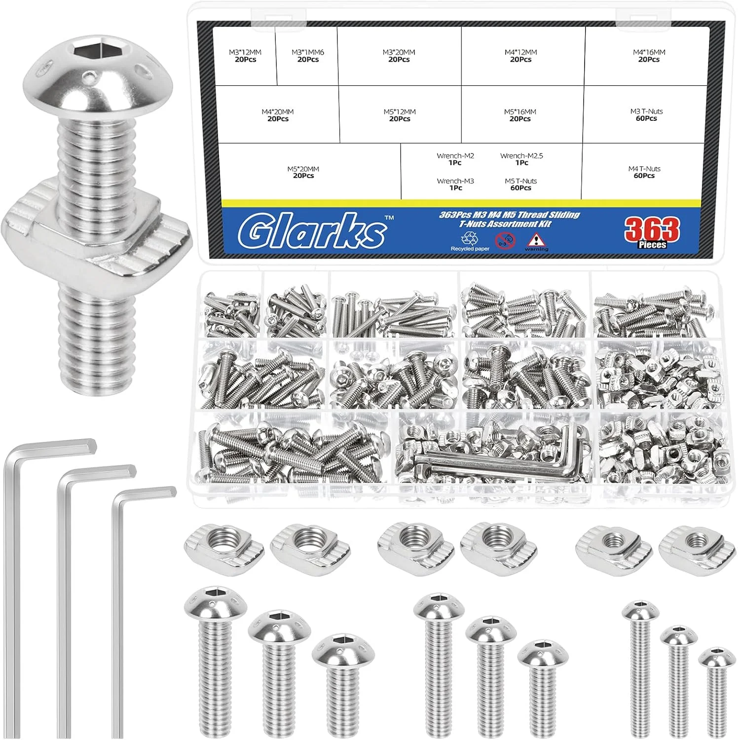 Glarks 1 ست کیت پیچ سر دکمه ای فولادی کربنی و مهره T لغزنده M3/M4/M5، شامل 180 عدد پیچ و مهره سر سوکت شش گوش، 180 عدد مهره T-Slot، 3 عدد آچار آلن، پیچ سر دکمه ای شش گوش برای ماشین آلات Glarks 1 ست کیت پیچ سر دکمه ای فولادی کربنی و مهره T لغزنده M3/M4/M5، شامل 180 عدد پیچ و مهره سر سوکت شش گوش، 180 عدد مهره T-Slot، 3 عدد آچار آلن، پیچ سر دکمه ای شش گوش برای ماشین آلات