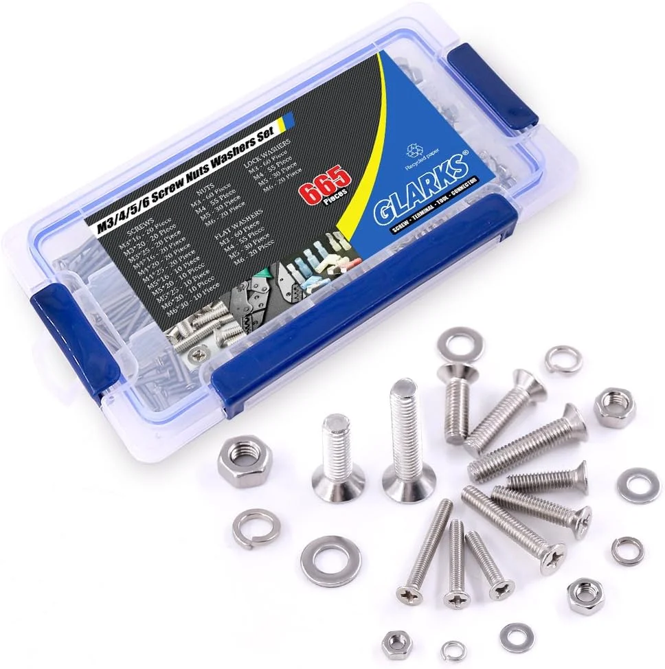 Glarks مجموعه 665 عددی پیچ و مهره و واشر فنری استیل ضد زنگ 304، M3 M4 M5 M6، سر تخت فیلیپس، رزوه کامل Glarks مجموعه 665 عددی پیچ و مهره و واشر فنری استیل ضد زنگ 304، M3 M4 M5 M6، سر تخت فیلیپس، رزوه کامل