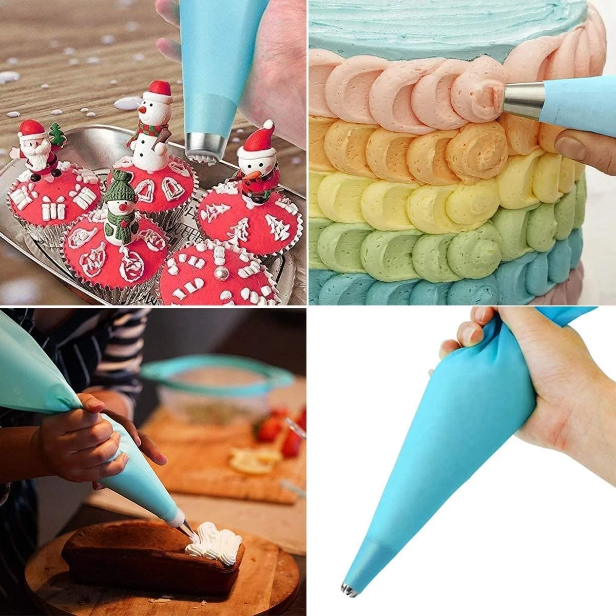 کیسه های قیف قنادی خزنه، کیسه های شیرینی پزی سیلیکونی قابل استفاده مجدد برای تزئین کیک، لوازم پخت برای کلوچه، کاپ کیک شکلاتی، کیسه های خامه رویال، ابزار آشپزخانه DIY، آبی، 10، 12، 14، 16 اینچ، 4 عدد