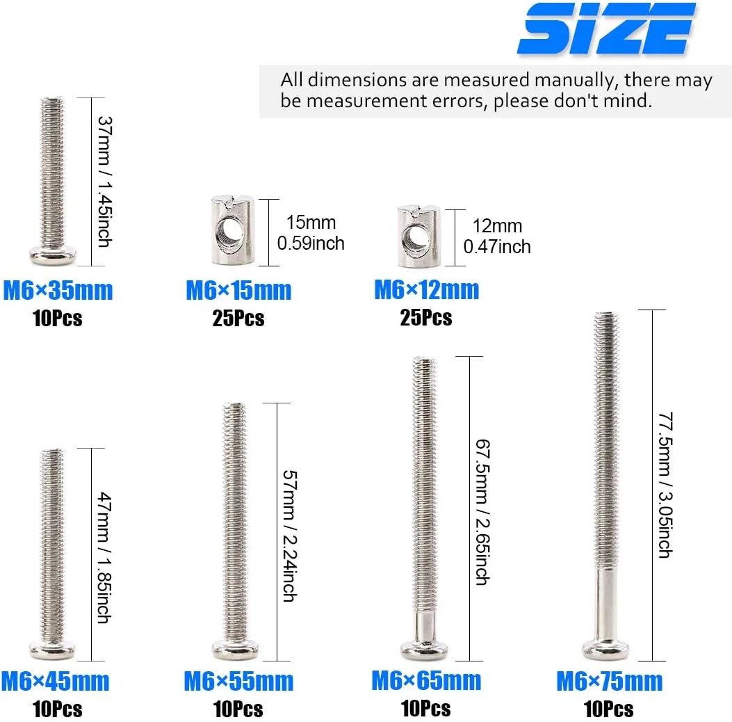 مجموعه پیچ و مهره استوانه ای مبلمان Glarks شامل 100 عدد پیچ M6 در ابعاد 35/45/55/65/75 میلی متر با سر سوکت شش گوش، مناسب برای مبلمان، تخت نوزاد، تخت خواب کودک، صندلی - روکش نیکل