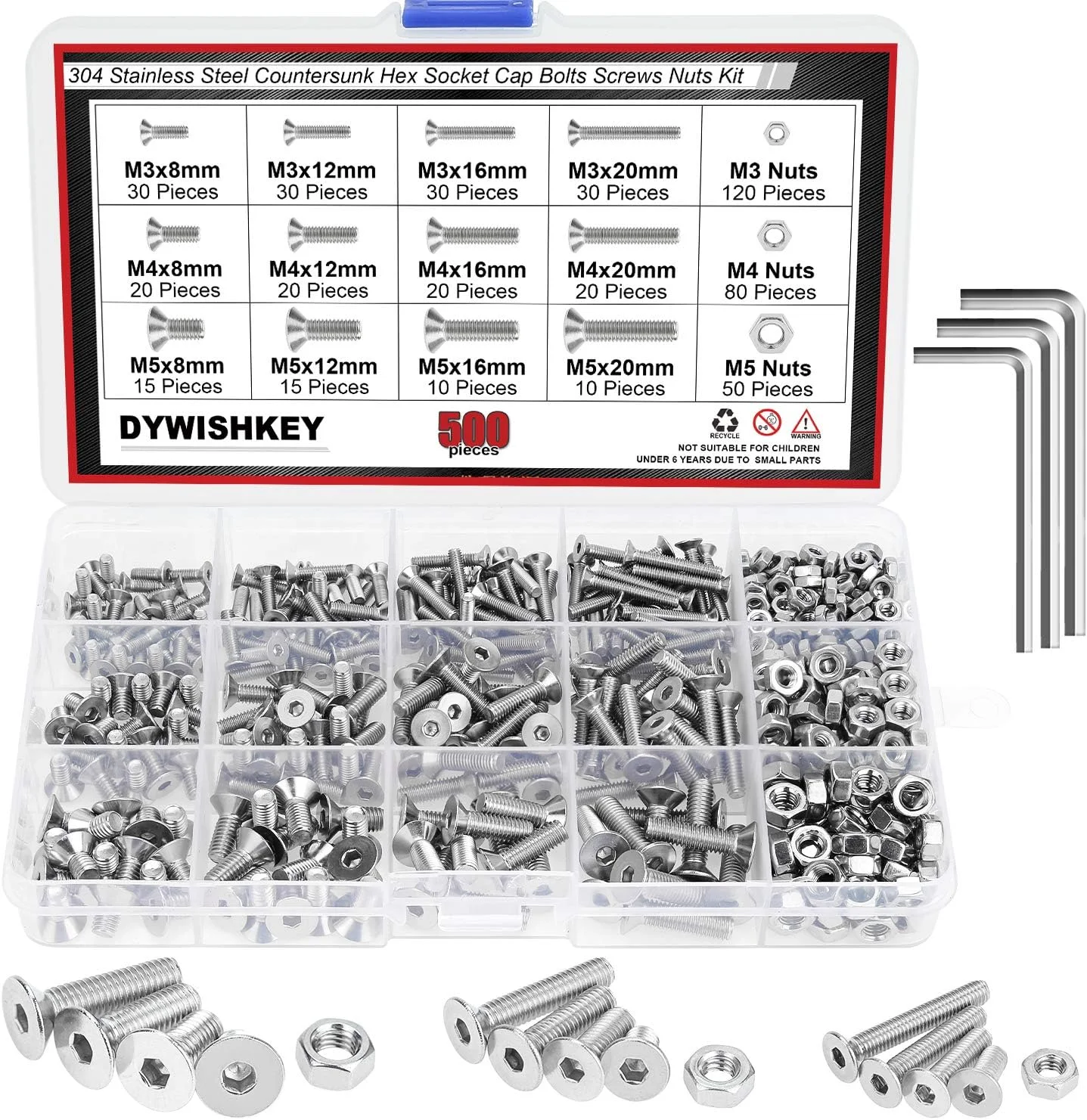 DYWISHKEY 500 عددی پیچ و مهره استیل ضد زنگ M3 M4 M5 با سر تخت و سوکت شش گوش به همراه آچار آلن DYWISHKEY 500 عددی پیچ و مهره استیل ضد زنگ M3 M4 M5 با سر تخت و سوکت شش گوش به همراه آچار آلن