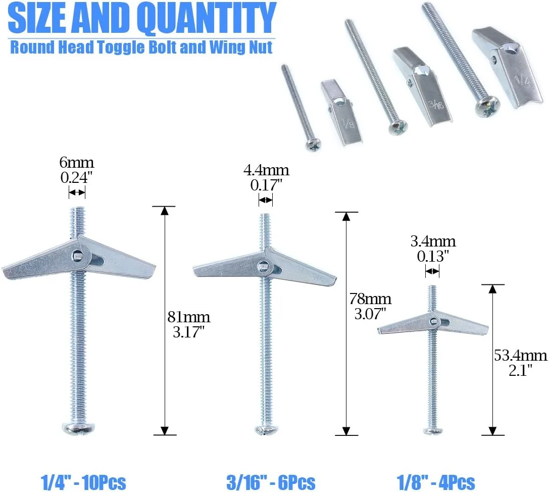 مجموعه 24 عددی پیچ پروانه ای و مهره بالدار سر گرد فولادی با روکش روی Glarks در اندازه های 1/8، 3/16 و 1/4 اینچ
