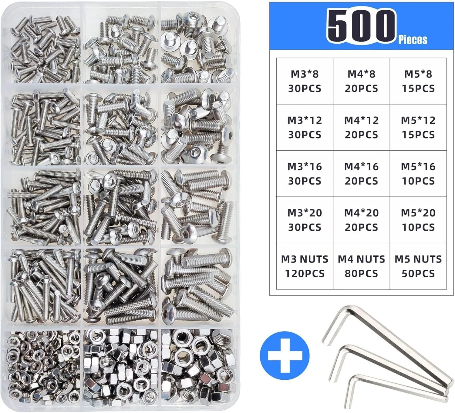 مجموعه 500 عددی پیچ و مهره استیل ضد زنگ Goodern M3-M5 با جعبه نگهداری و آچار برای ماشین آلات، ابزار دقیق، الکترونیک و موارد دیگر