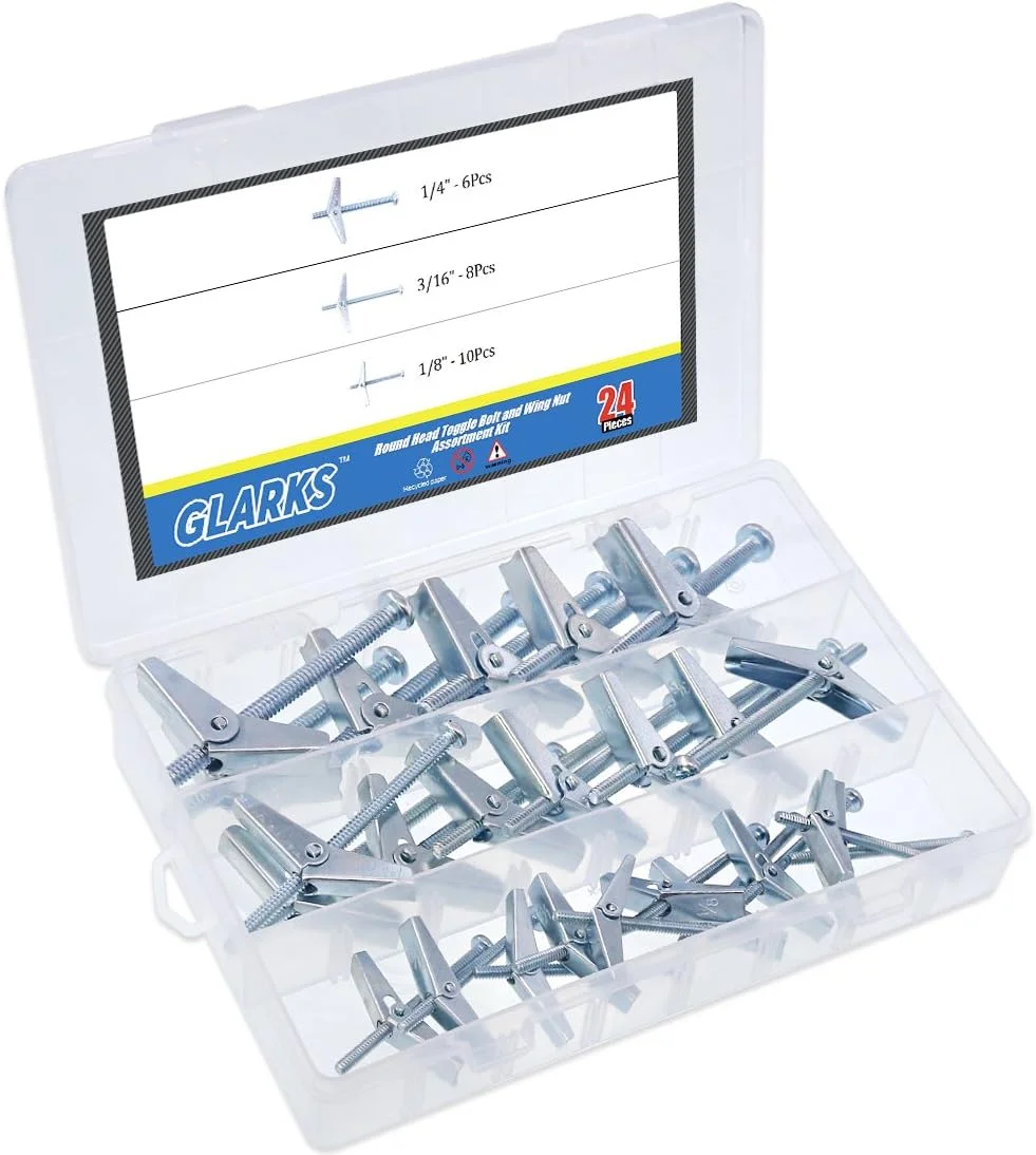 مجموعه 24 عددی پیچ پروانه ای و مهره بالدار سر گرد فولادی با روکش روی Glarks در اندازه های 1/8، 3/16 و 1/4 اینچ