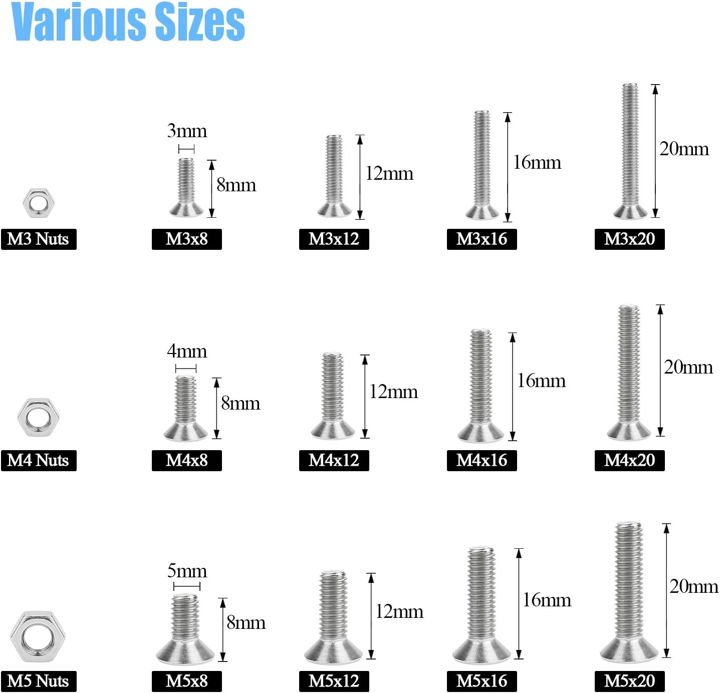 DYWISHKEY 500 عددی پیچ و مهره استیل ضد زنگ M3 M4 M5 با سر تخت و سوکت شش گوش به همراه آچار آلن