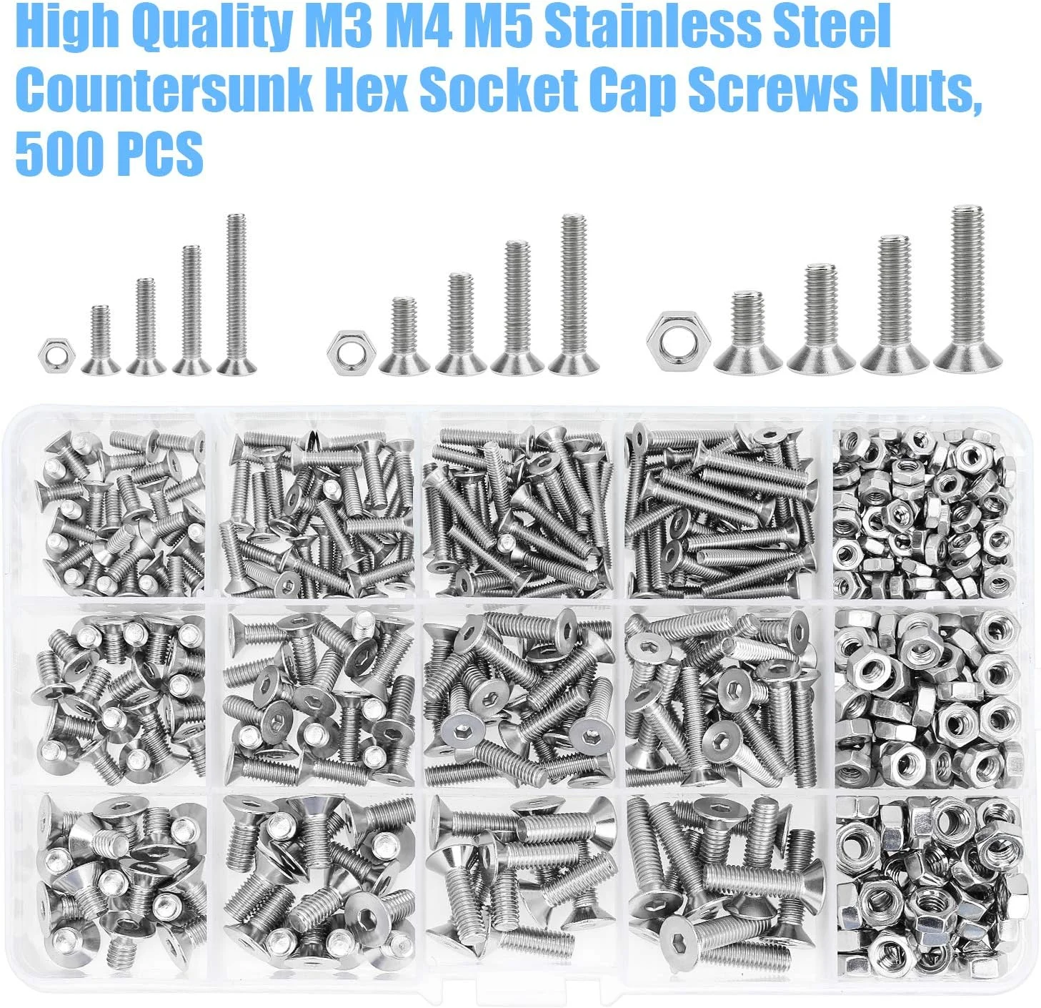 DYWISHKEY 500 عددی پیچ و مهره استیل ضد زنگ M3 M4 M5 با سر تخت و سوکت شش گوش به همراه آچار آلن