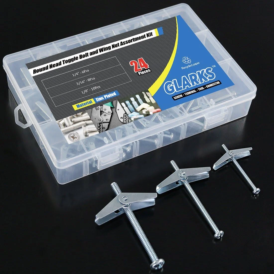 مجموعه 24 عددی پیچ پروانه ای و مهره بالدار سر گرد فولادی با روکش روی Glarks در اندازه های 1/8، 3/16 و 1/4 اینچ