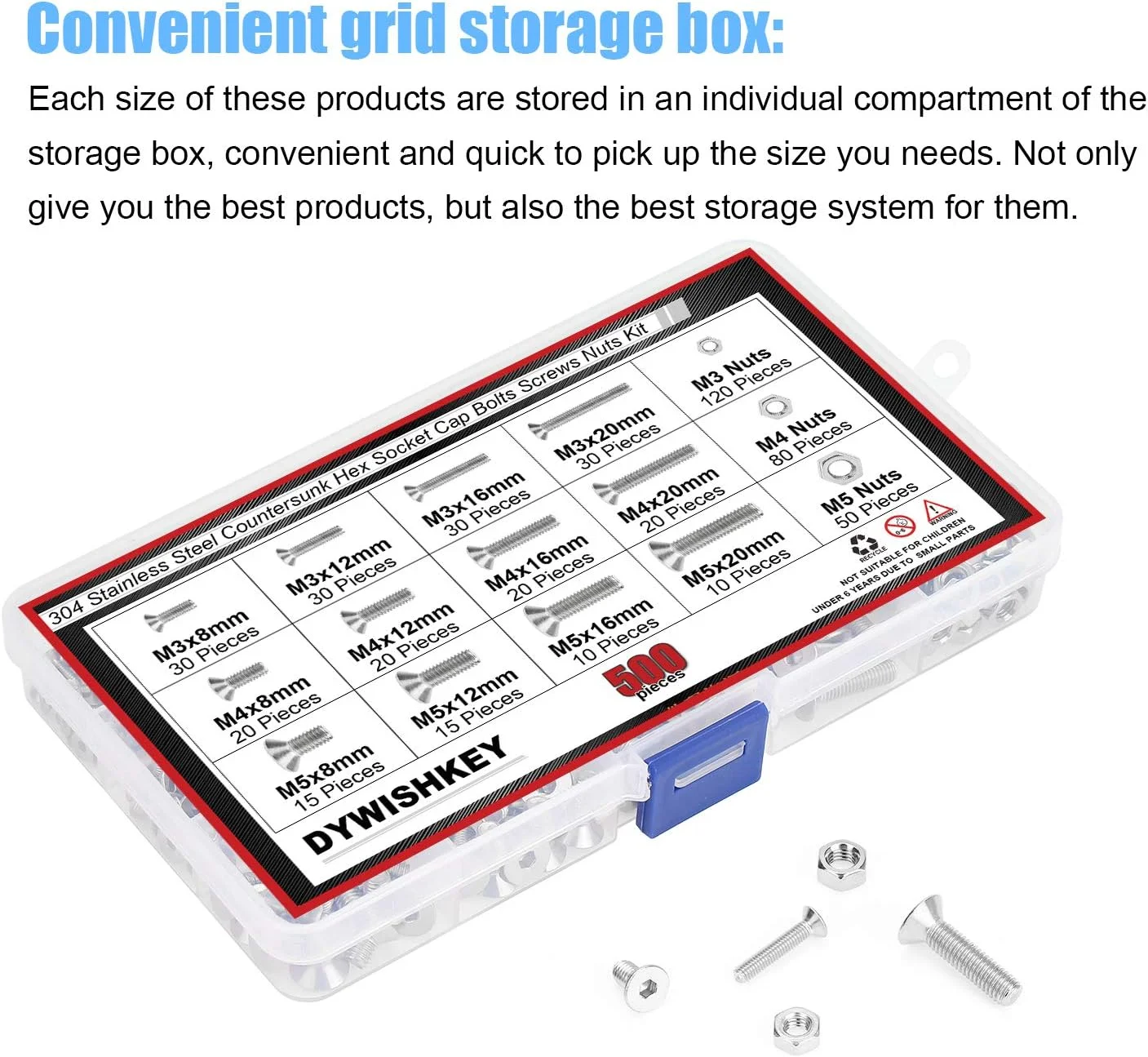 DYWISHKEY 500 عددی پیچ و مهره استیل ضد زنگ M3 M4 M5 با سر تخت و سوکت شش گوش به همراه آچار آلن