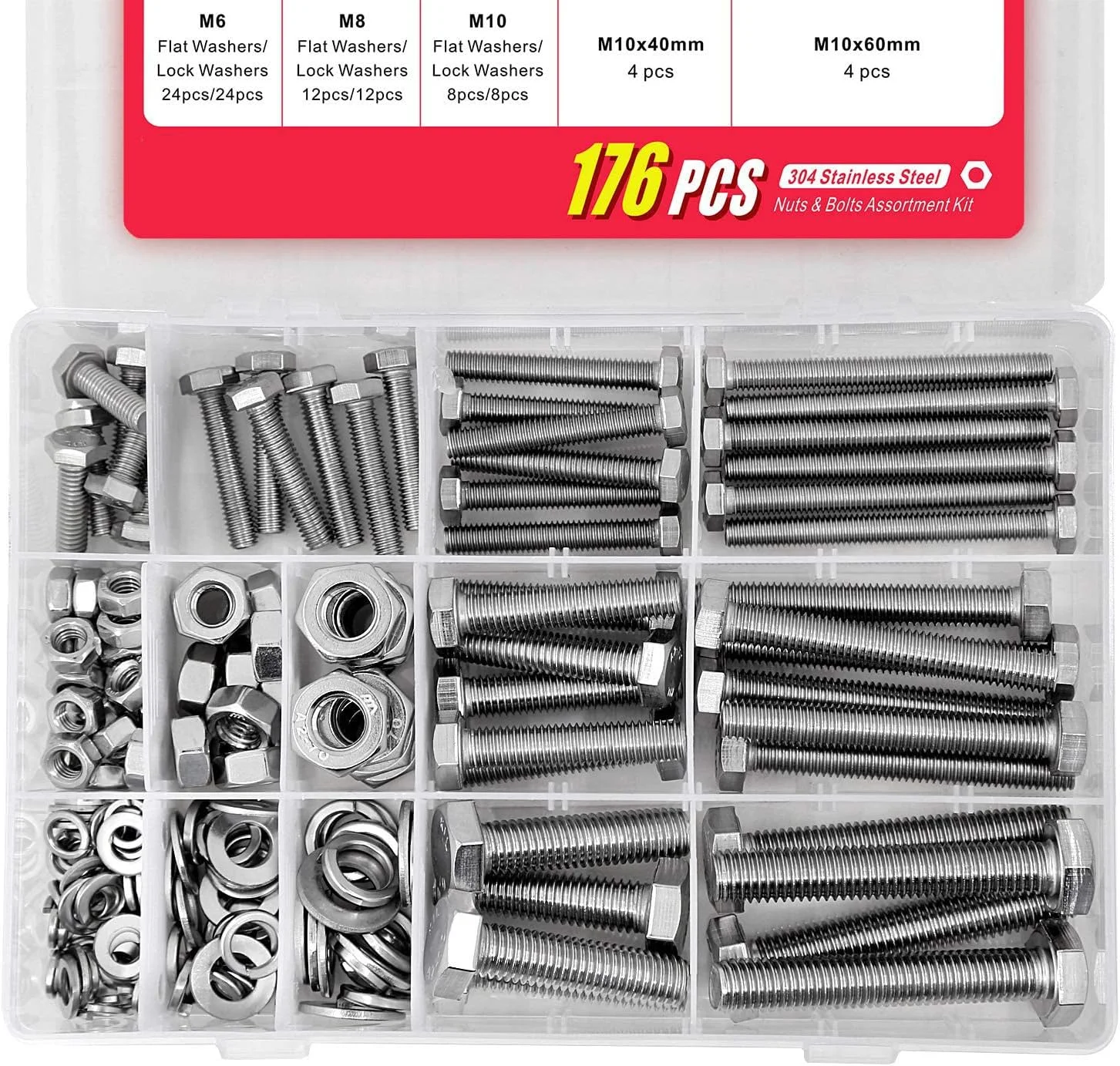 مجموعه 176 عددی پیچ و مهره سنگین MAKINGTEC M6 M8 M10، فولاد ضد زنگ 304، شامل 16 سایز رایج، پیچ ​​شش گوش فولادی ضد زنگ با مهره و واشر فنری تخت
