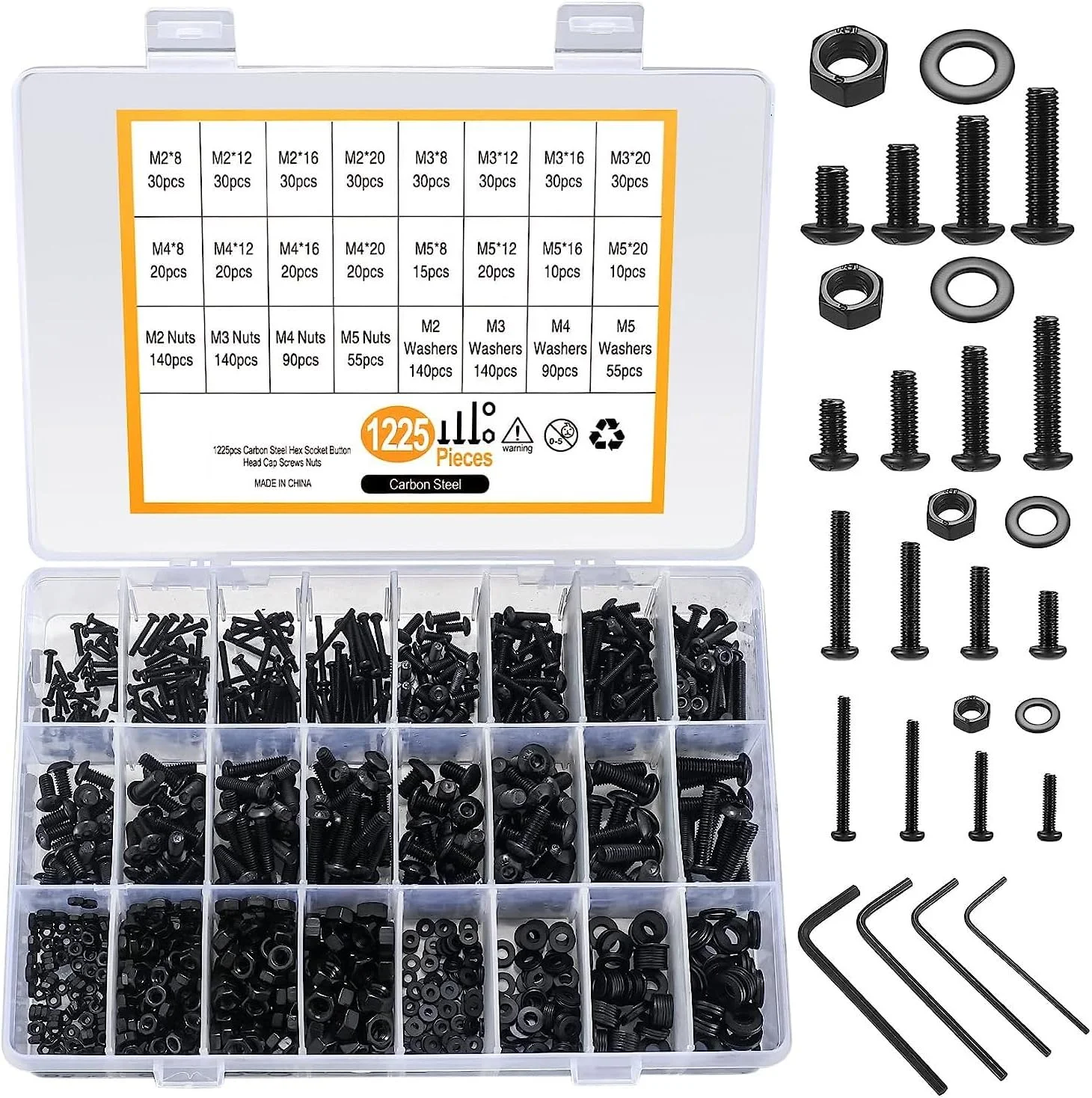 مجموعه متنوع پیچ و مهره M2 M3 M4 M5، 1225 عددی پیچ و مهره با سر سوکت شش گوش فولادی کربنی، کیت پیچ و مهره و واشر، به همراه 4 عدد آچار آلن رایگان مجموعه متنوع پیچ و مهره M2 M3 M4 M5، 1225 عددی پیچ و مهره با سر سوکت شش گوش فولادی کربنی، کیت پیچ و مهره و واشر، به همراه 4 عدد آچار آلن رایگان