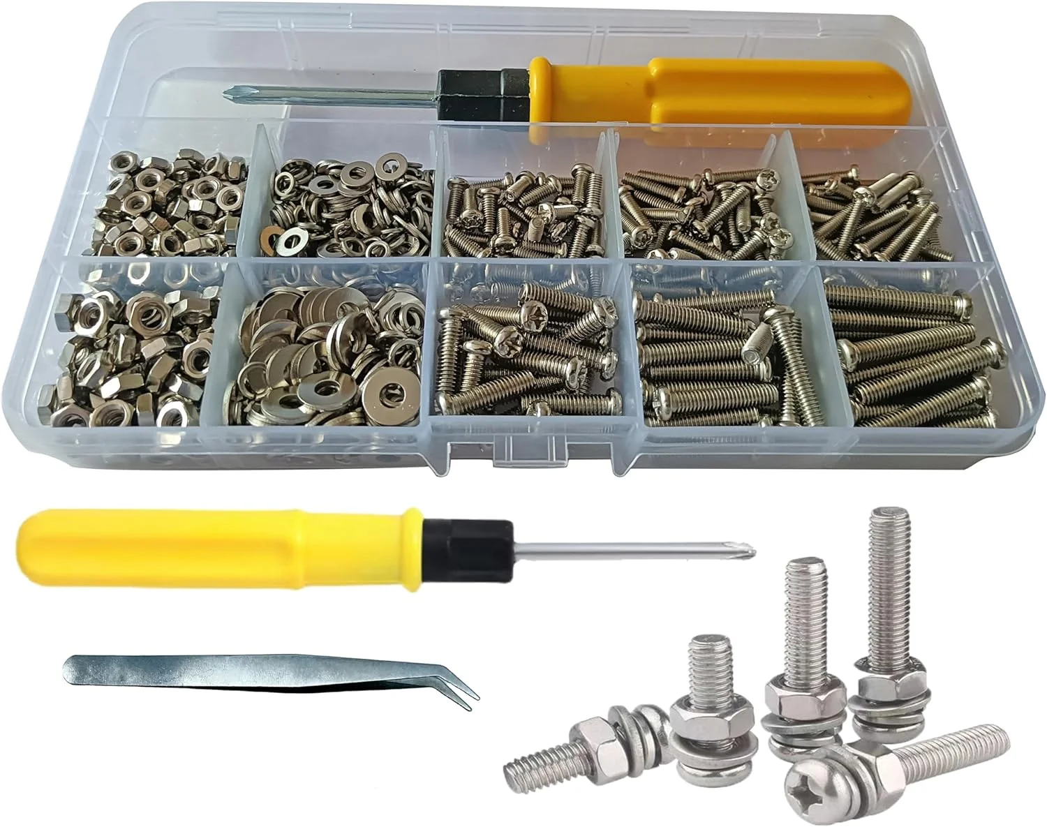 کیت طبقه بندی پیچ، مهره و واشر 680 عددی به همراه پیچ گوشتی دو سر و موچین استیل ضد زنگ M3 M4، مناسب برای پروژه های DIY کیت طبقه بندی پیچ، مهره و واشر 680 عددی به همراه پیچ گوشتی دو سر و موچین استیل ضد زنگ M3 M4، مناسب برای پروژه های DIY