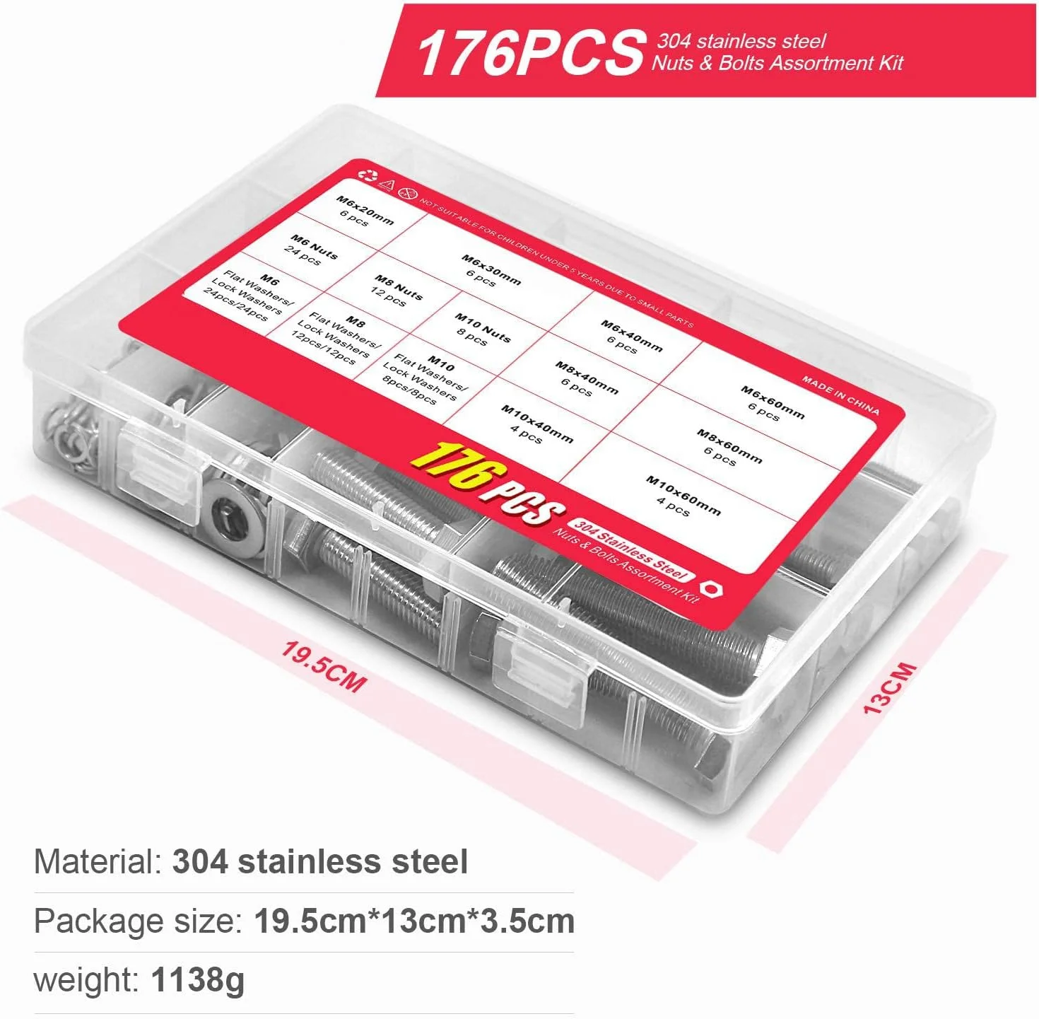 مجموعه 176 عددی پیچ و مهره سنگین MAKINGTEC M6 M8 M10، فولاد ضد زنگ 304، شامل 16 سایز رایج، پیچ ​​شش گوش فولادی ضد زنگ با مهره و واشر فنری تخت