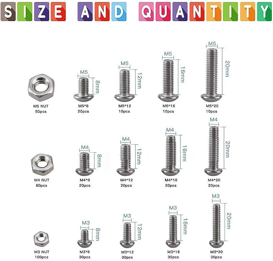 MRTURK REVHQ 480Pcs Grade 12.9 Nuts and Bolts Assortment Kit M3 M4 M5 Socket Head Cap Screws Set Alloy Steel Machine Screws and Nuts Silver with Wrench