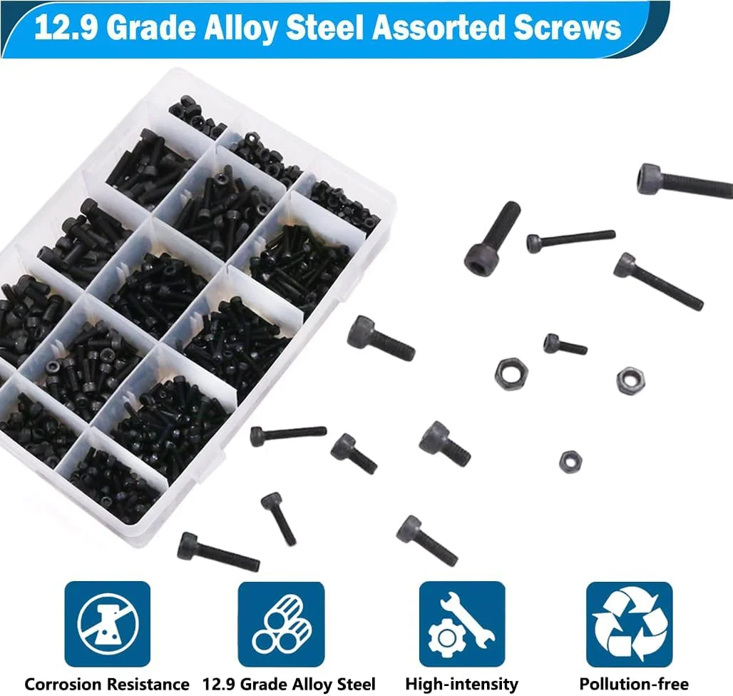 مجموعه 460 عددی پیچ و مهره سر استوانه ای آلنی Goodern M3 M4 M5، فولاد آلیاژی گرید 12.9 با روکش زینک مشکی ضد زنگ، مجموعه متنوع پیچ و مهره با جعبه نگهداری