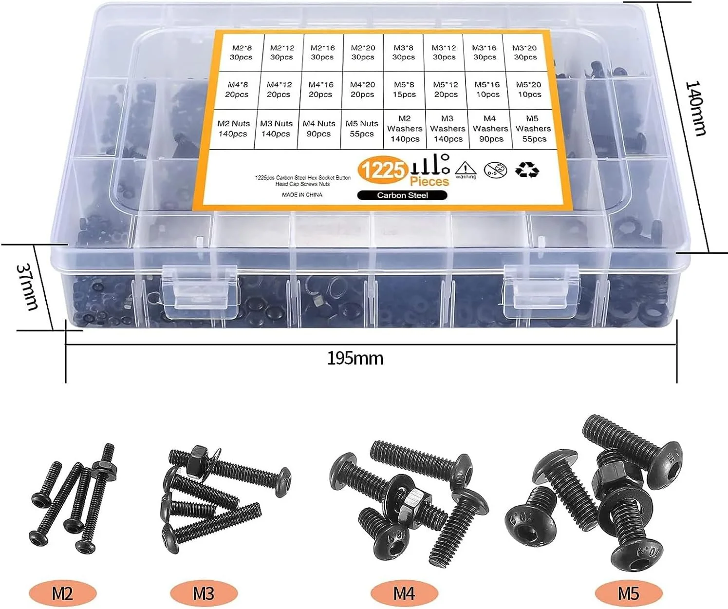 مجموعه متنوع پیچ و مهره M2 M3 M4 M5، 1225 عددی پیچ و مهره با سر سوکت شش گوش فولادی کربنی، کیت پیچ و مهره و واشر، به همراه 4 عدد آچار آلن رایگان