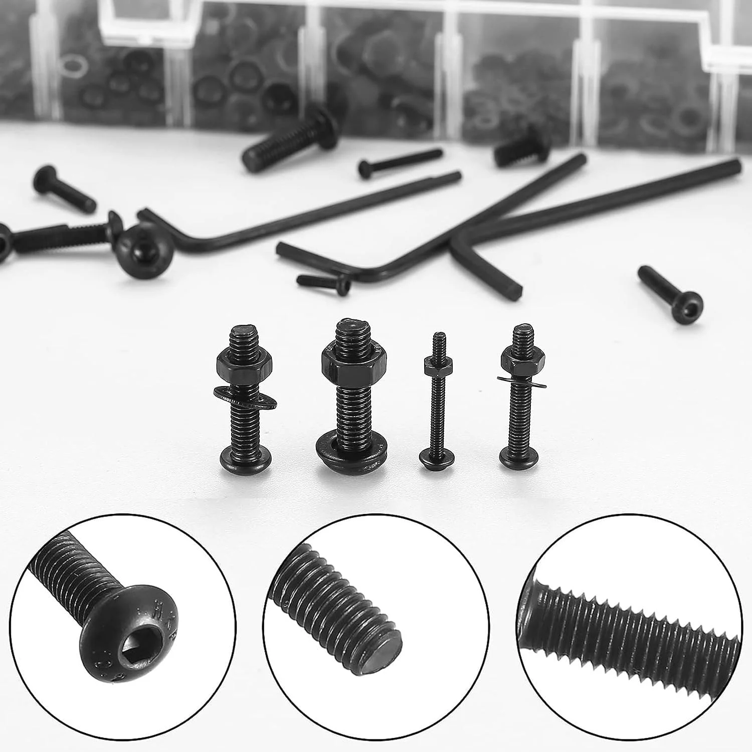 مجموعه متنوع پیچ و مهره M2 M3 M4 M5، 1225 عددی پیچ و مهره با سر سوکت شش گوش فولادی کربنی، کیت پیچ و مهره و واشر، به همراه 4 عدد آچار آلن رایگان