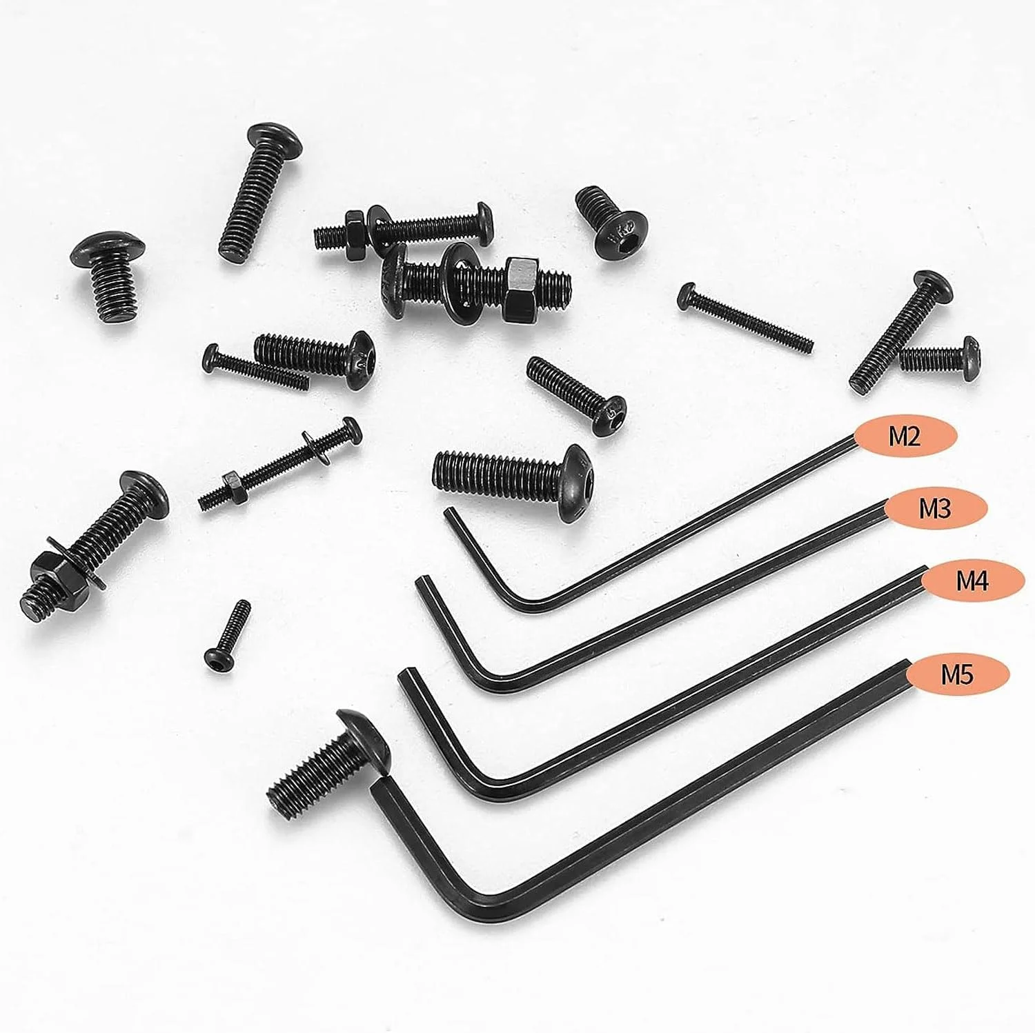 مجموعه متنوع پیچ و مهره M2 M3 M4 M5، 1225 عددی پیچ و مهره با سر سوکت شش گوش فولادی کربنی، کیت پیچ و مهره و واشر، به همراه 4 عدد آچار آلن رایگان