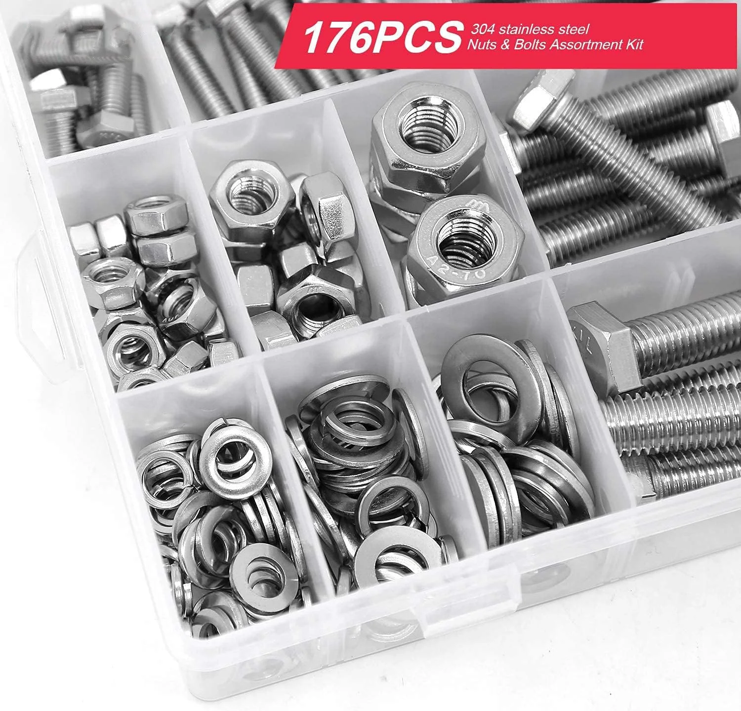 مجموعه 176 عددی پیچ و مهره سنگین MAKINGTEC M6 M8 M10، فولاد ضد زنگ 304، شامل 16 سایز رایج، پیچ ​​شش گوش فولادی ضد زنگ با مهره و واشر فنری تخت