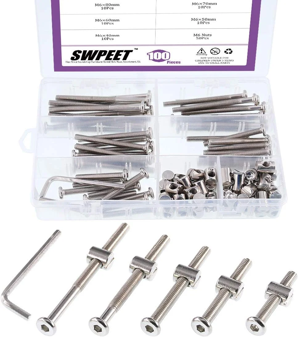 مجموعه 100 عددی پیچ و مهره تخت خواب کودک Swpeet، روکش نیکل M6 × 40/50/60/70/80 میلی متر پیچ تخت نوزاد با سر استوانه ای و مهره های استوانه ای به همراه 1 عدد آچار آلن، مناسب برای مبلمان، تخت نوزاد مجموعه 100 عددی پیچ و مهره تخت خواب کودک Swpeet، روکش نیکل M6 × 40/50/60/70/80 میلی متر پیچ تخت نوزاد با سر استوانه ای و مهره های استوانه ای به همراه 1 عدد آچار آلن، مناسب برای مبلمان، تخت نوزاد