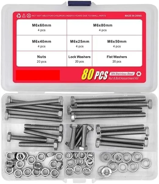 مجموعه 20 عددی پیچ و مهره M6 استیل ضد زنگ با سر شش گوش و واشرهای تخت و قفلی، استیل 304 (18-8)، رزوه کامل، طول 25mm 40mm 50mm 60mm 80mm مجموعه 20 عددی پیچ و مهره M6 استیل ضد زنگ با سر شش گوش و واشرهای تخت و قفلی، استیل 304 (18-8)، رزوه کامل، طول 25mm 40mm 50mm 60mm 80mm