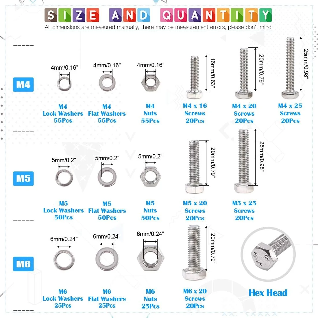 مجموعه پیچ و مهره استیل ضد زنگ Glarks شامل 510 قطعه پیچ، مهره قفلی و واشر تخت