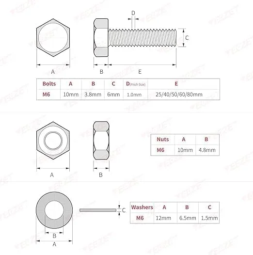 مجموعه 20 عددی پیچ و مهره M6 استیل ضد زنگ با سر شش گوش و واشرهای تخت و قفلی، استیل 304 (18-8)، رزوه کامل، طول 25mm 40mm 50mm 60mm 80mm مجموعه 20 عددی پیچ و مهره M6 استیل ضد زنگ با سر شش گوش و واشرهای تخت و قفلی، استیل 304 (18-8)، رزوه کامل، طول 25mm 40mm 50mm 60mm 80mm