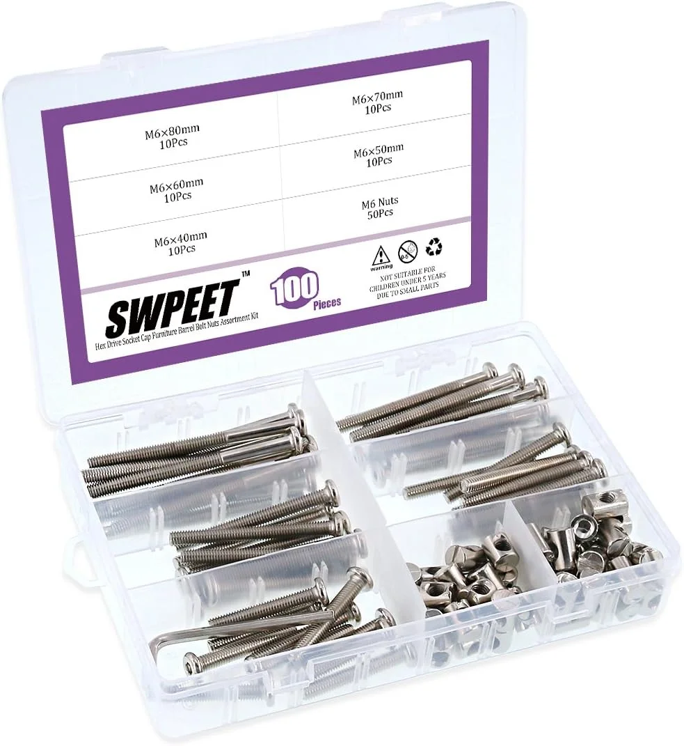مجموعه 100 عددی پیچ و مهره تخت خواب کودک Swpeet، روکش نیکل M6 × 40/50/60/70/80 میلی متر پیچ تخت نوزاد با سر استوانه ای و مهره های استوانه ای به همراه 1 عدد آچار آلن، مناسب برای مبلمان، تخت نوزاد مجموعه 100 عددی پیچ و مهره تخت خواب کودک Swpeet، روکش نیکل M6 × 40/50/60/70/80 میلی متر پیچ تخت نوزاد با سر استوانه ای و مهره های استوانه ای به همراه 1 عدد آچار آلن، مناسب برای مبلمان، تخت نوزاد