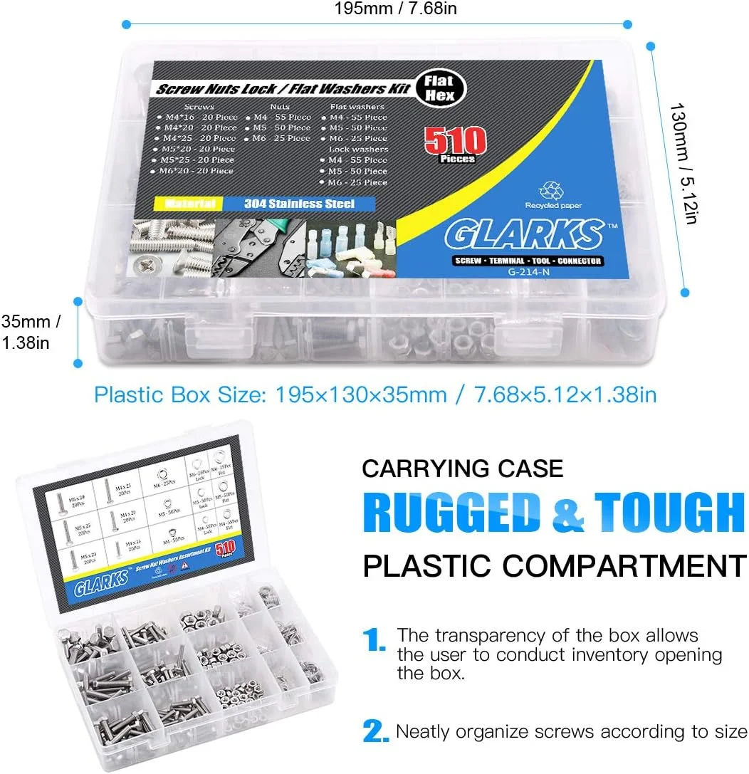 مجموعه پیچ و مهره استیل ضد زنگ Glarks شامل 510 قطعه پیچ، مهره قفلی و واشر تخت