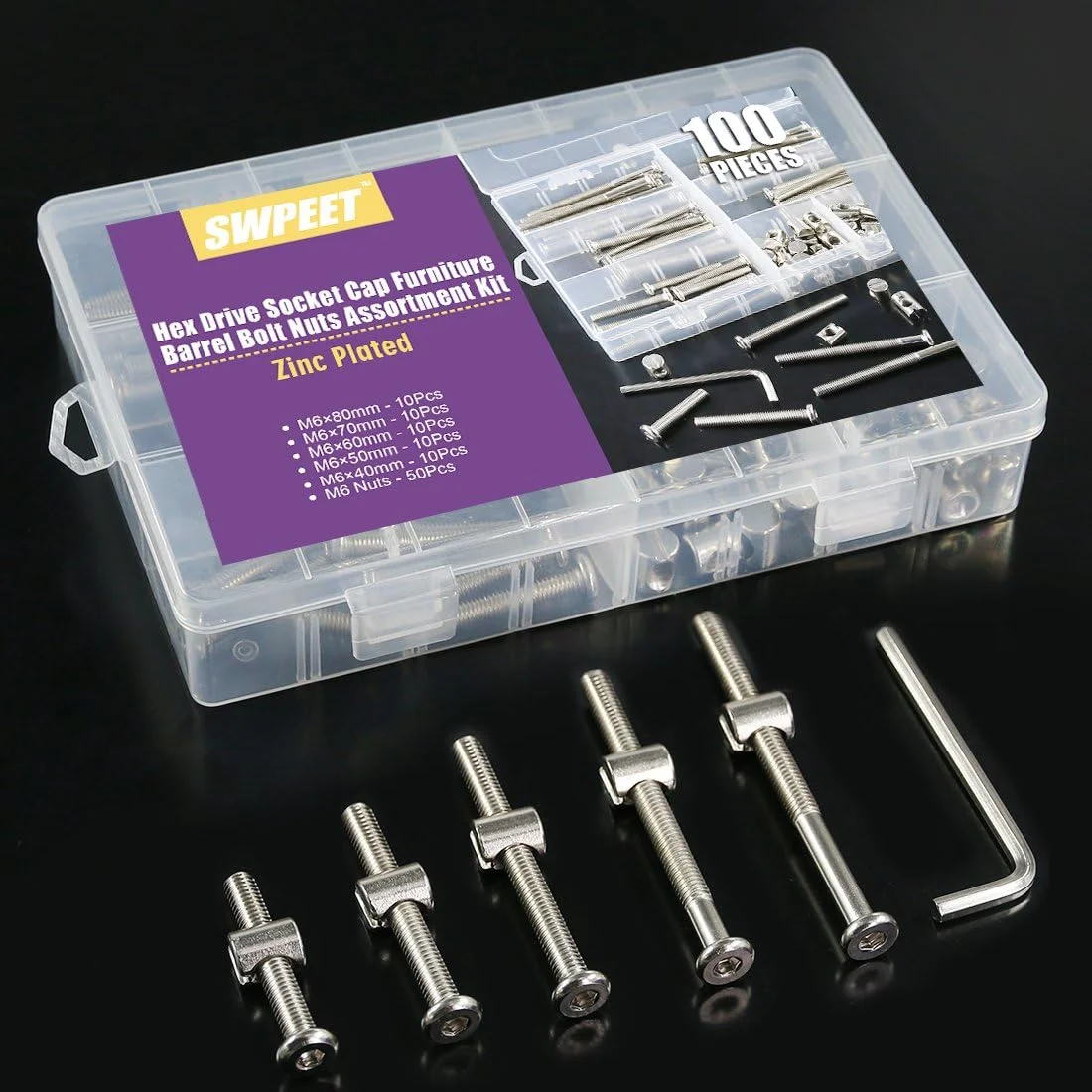 مجموعه 100 عددی پیچ و مهره تخت خواب کودک Swpeet، روکش نیکل M6 × 40/50/60/70/80 میلی متر پیچ تخت نوزاد با سر استوانه ای و مهره های استوانه ای به همراه 1 عدد آچار آلن، مناسب برای مبلمان، تخت نوزاد مجموعه 100 عددی پیچ و مهره تخت خواب کودک Swpeet، روکش نیکل M6 × 40/50/60/70/80 میلی متر پیچ تخت نوزاد با سر استوانه ای و مهره های استوانه ای به همراه 1 عدد آچار آلن، مناسب برای مبلمان، تخت نوزاد