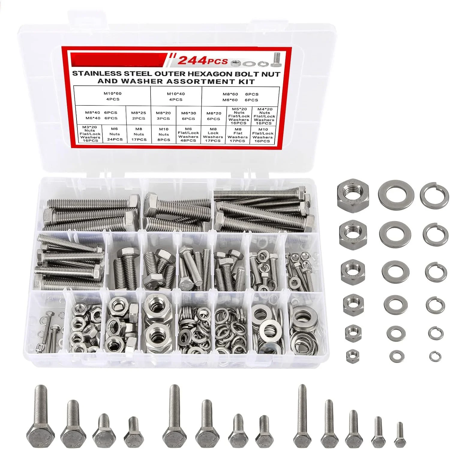 کیت متنوع پیچ، مهره، واشر قفلی و واشر تخت M3 M4 M5 M6 M8 M10، پیچ و مهره استیل ضد زنگ با سر شش گوش تخت، مجموعه دقیق پیچ و مهره متریک، شامل جعبه ابزار، 244 عدد کیت متنوع پیچ، مهره، واشر قفلی و واشر تخت M3 M4 M5 M6 M8 M10، پیچ و مهره استیل ضد زنگ با سر شش گوش تخت، مجموعه دقیق پیچ و مهره متریک، شامل جعبه ابزار، 244 عدد