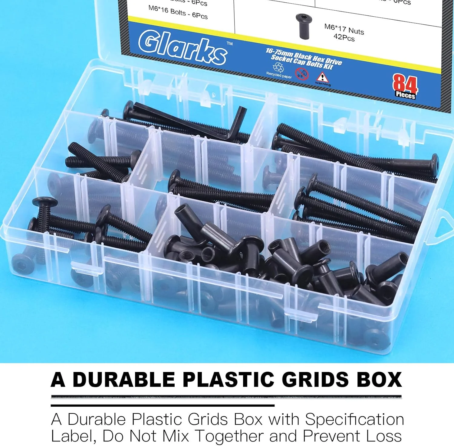 مجموعه پیچ و مهره 85 عددی Glarks M6x16/ 25/35/ 45/55/ 65/ 75 میلی متری مشکی با سر استوانه ای و سوکت شش گوش، پیچ و مهره های آلن برای تخت خواب، مبلمان، صندلی، میز و کابینت