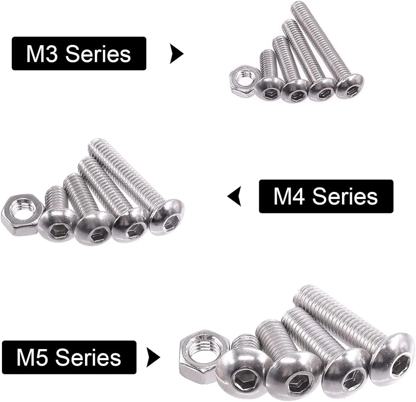 مجموعه 500 عددی پیچ و مهره M3 M4 M5، پیچ های استیل 304 با سر دکمه ای شش گوش، رزوه متریک، پیچ و مهره های ماشینی با درایو آلن شش ضلعی، مجموعه سخت افزاری استاندارد
