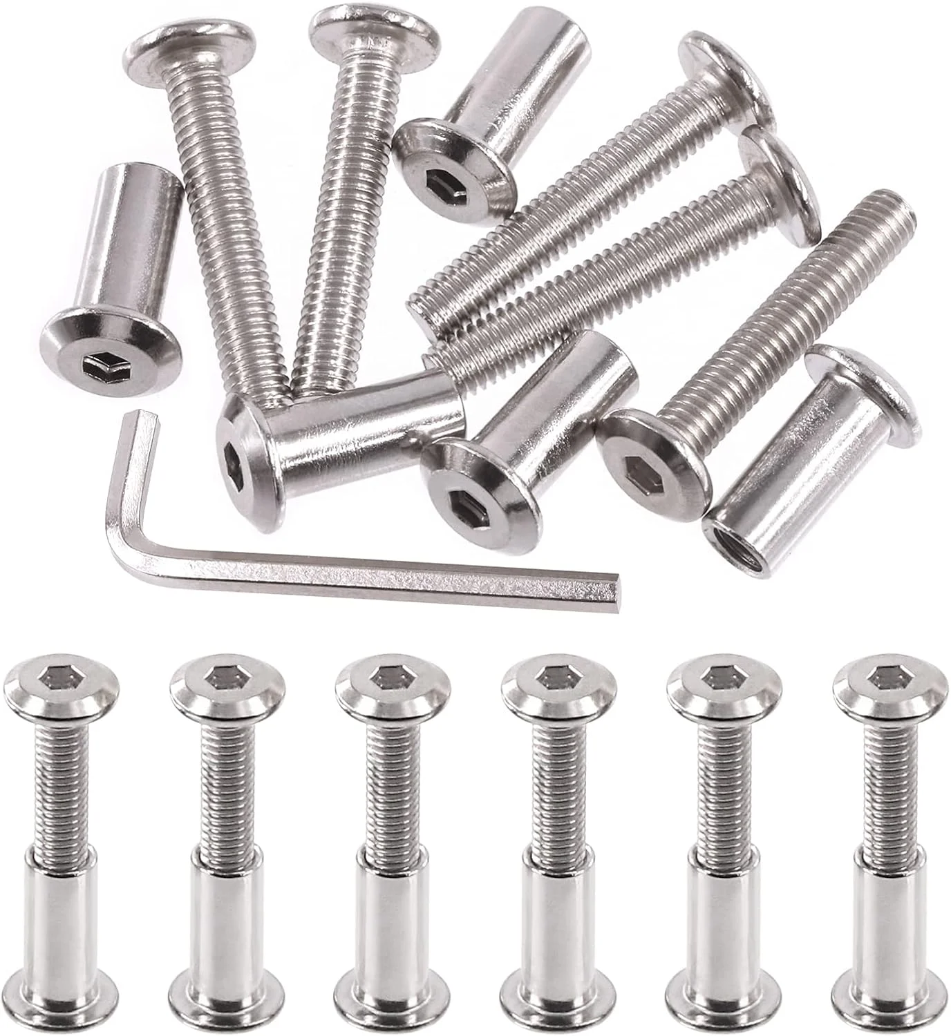 مجموعه 25 عددی پیچ های صحافی نقره ای روکش نیکل M6x35mm Swpeet با آچار آلن، مناسب برای مبلمان، سگک کمربند