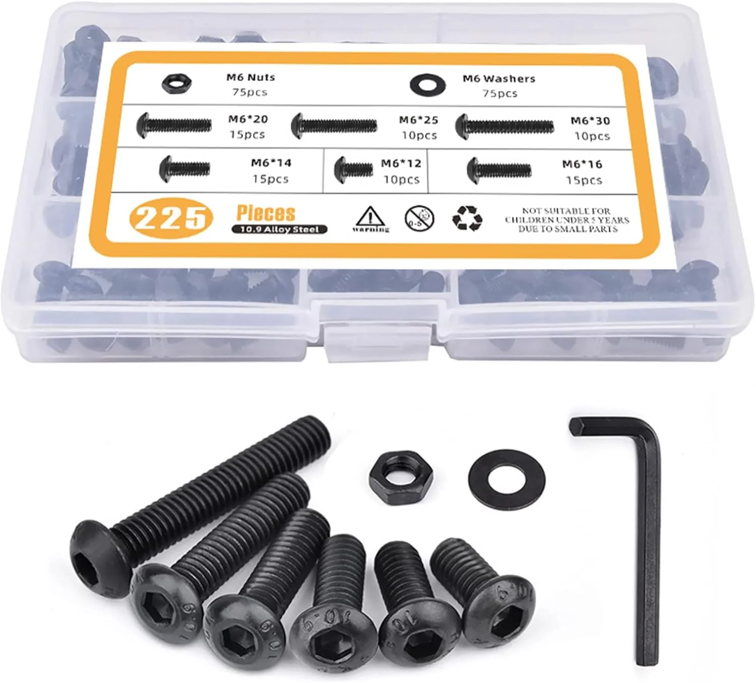 مجموعه پیچ و مهره استوانه ای سر شش گوش فولاد کربنی M6 Beauenty (225 عددی)