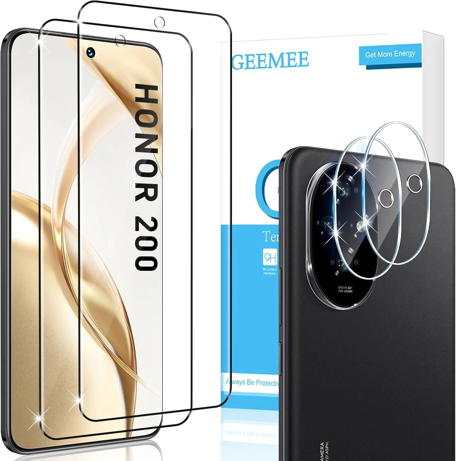 محافظ صفحه نمایش شیشه ای حرارت دیده GEEMEE برای گوشی Honor 200 به همراه محافظ لنز دوربین، 2 + 2 تکه، سختی 9H، شیشه حرارت دیده با حساسیت بالا