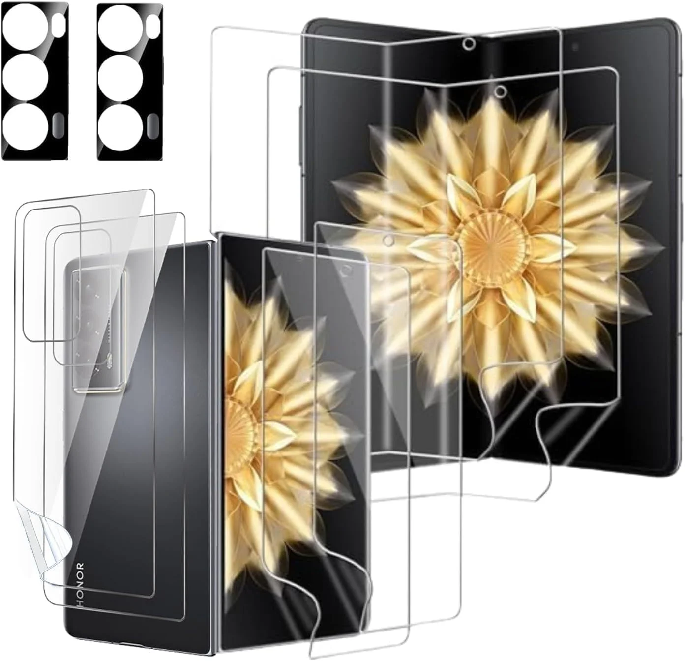 محافظ صفحه نمایش SCAUA (2+2+2 عددی) سازگار با گوشی Honor Magic V2 5G، شامل 2 عدد محافظ صفحه نمایش داخلی، 2 عدد محافظ صفحه نمایش خارجی و محافظ لنز دوربین، ضد خش، حساسیت بالا، محافظ هیدروژل TPU نرم و انعطاف پذیر HD