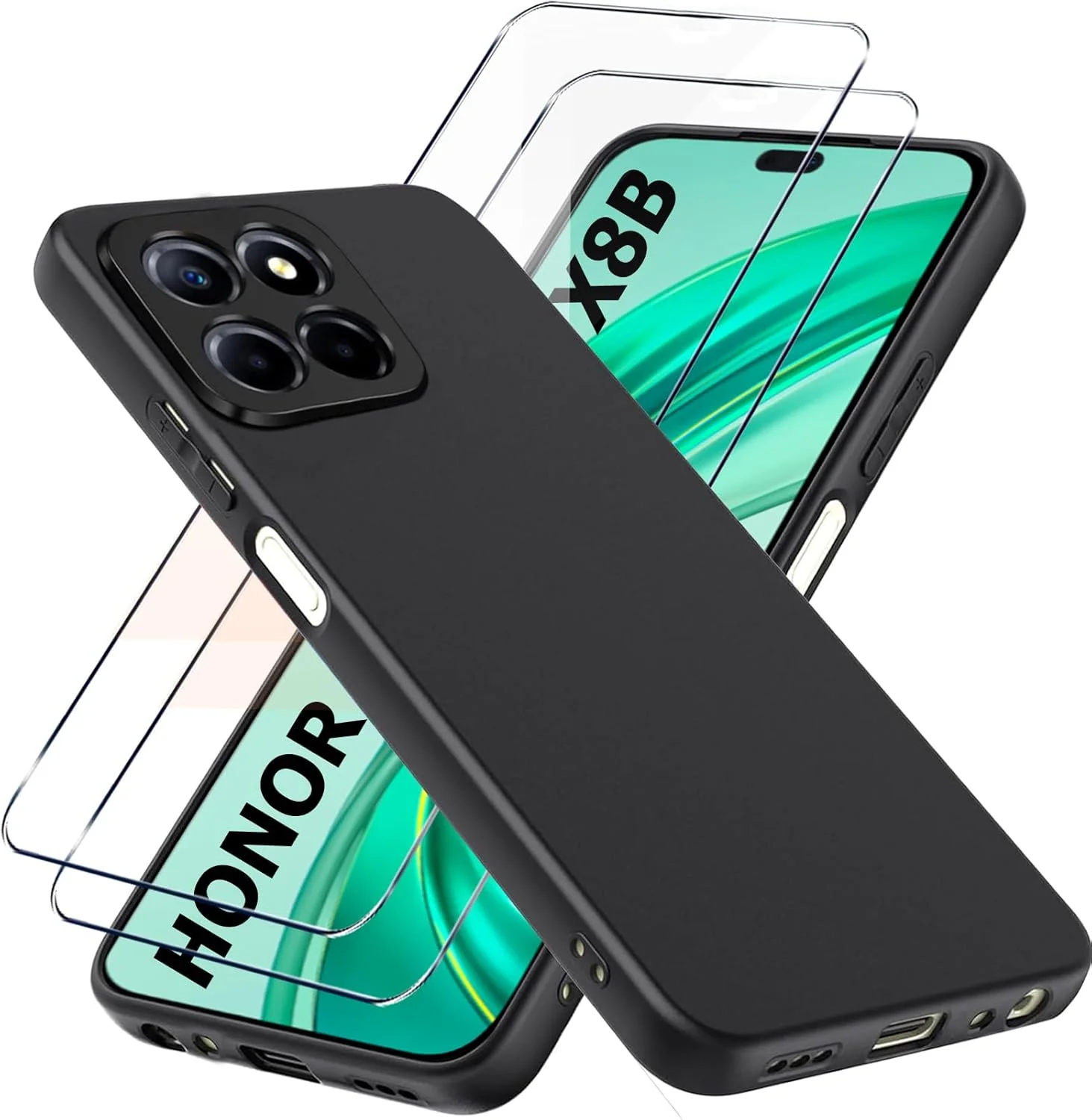 مجموعه 2+1 محافظ صفحه نمایش شیشه ای حرارت دیده سازگار با Honor X8C به همراه کاور سیلیکونی ضد ضربه و ضد خش مشکی