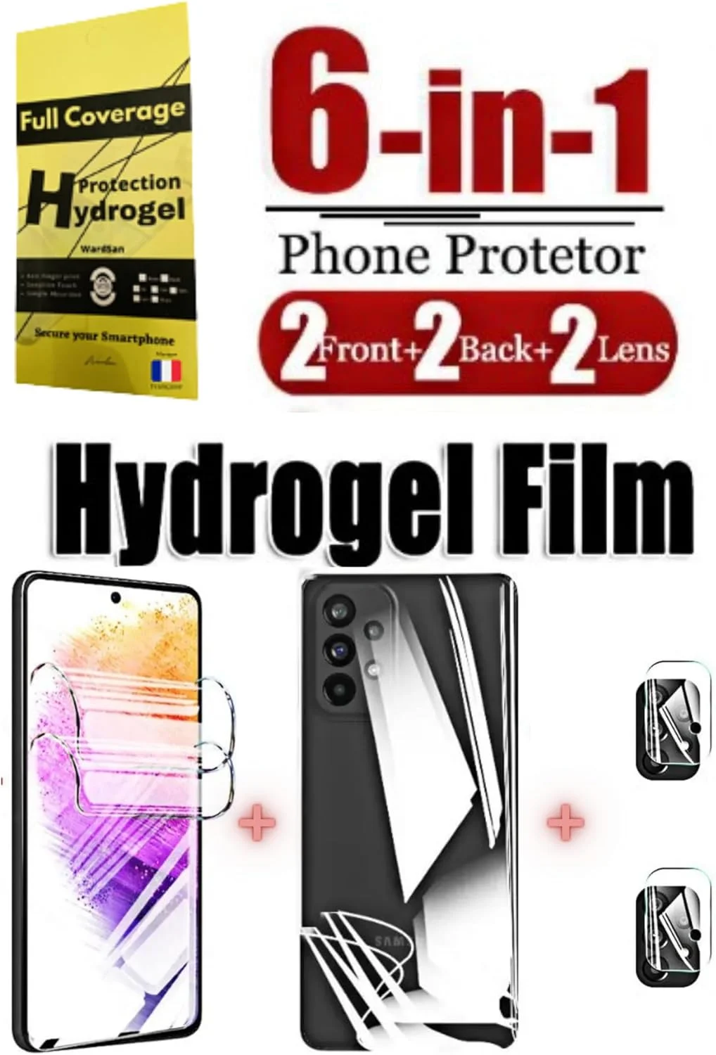 WardSan [6 تکه برای سری Honor - 4 محافظ صفحه نمایش هیدروژل 2 جلو و 2 عقب 3D + 2 شیشه ای برای دوربین | سازگار با قاب | فیلم نرم | بهتر از شیشه ای (Honor 90)