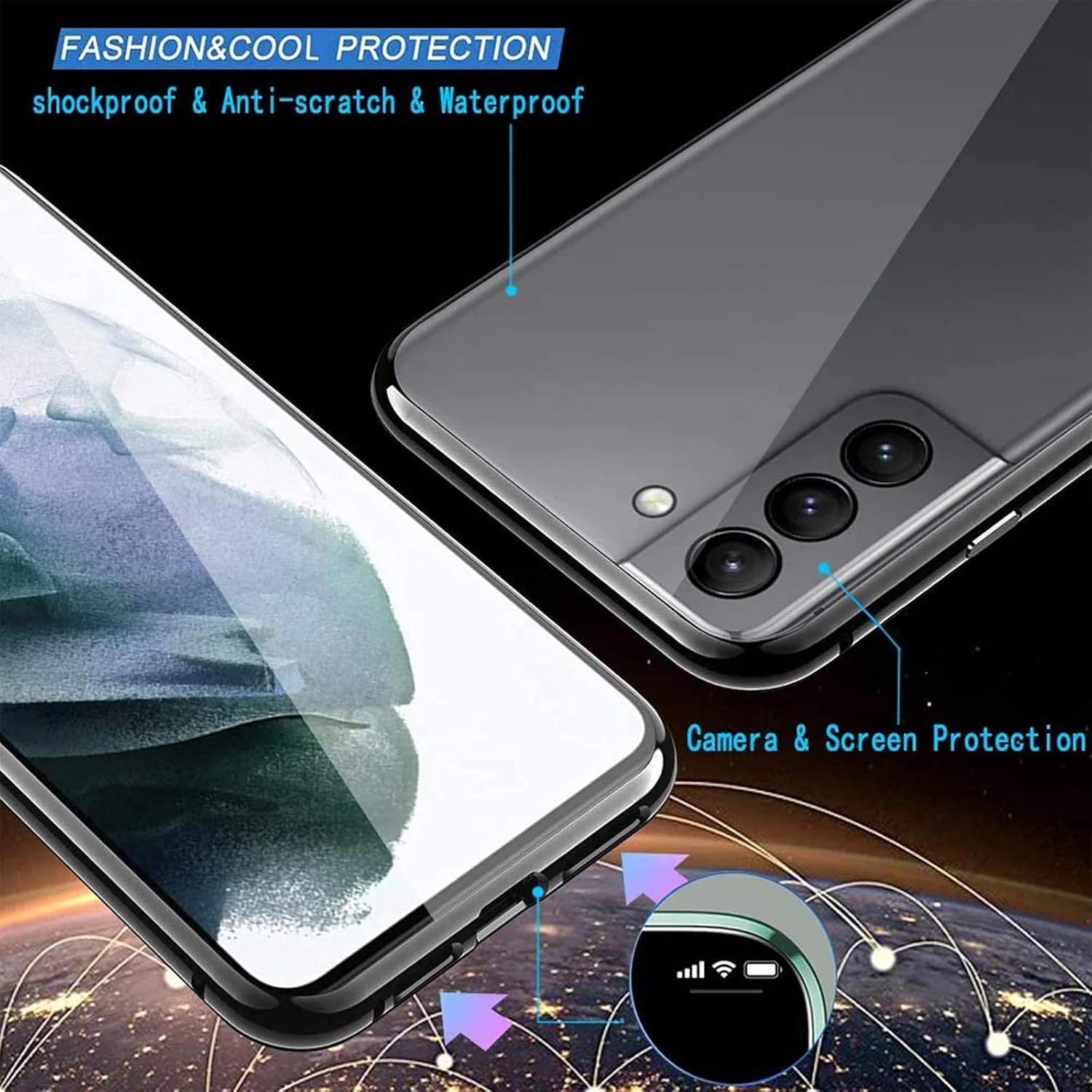 کاور محافظ گوشی آنر 90 لایت اوان، فناوری جذب مغناطیسی، شیشه حرارت دیده شفاف جلو و پشت، بدنه فلزی آلومینیومی، محافظت 360 درجه - آبی