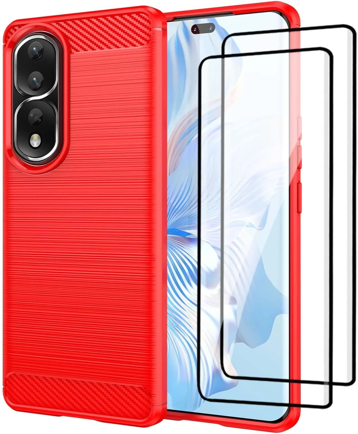 قاب گوشی QINOUK برای Honor 80 Pro، طراحی بافت برس خورده [ضد اثر انگشت]، قاب TPU نرم با محافظ صفحه نمایش شیشه ای حرارت دیده [2 عددی] برای Honor 80 Pro - قرمز