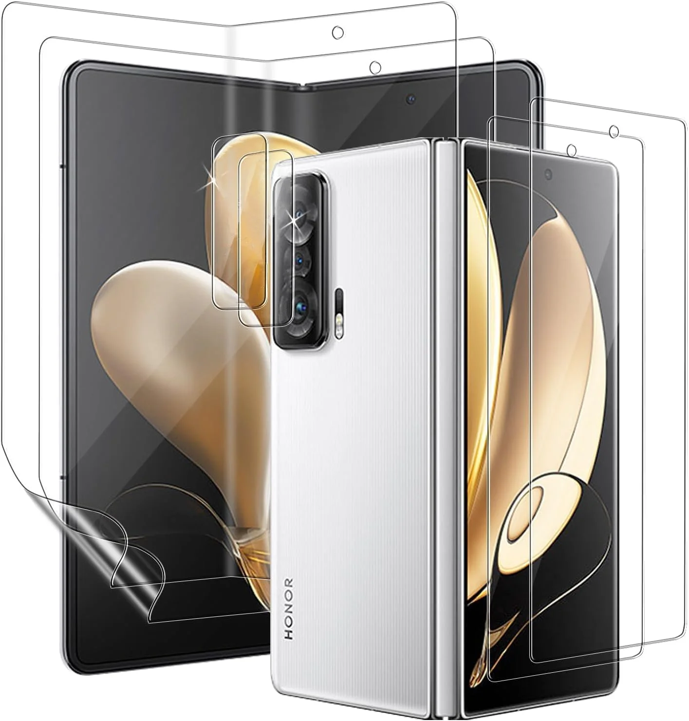 [بسته 2+2+2] محافظ صفحه نمایش Gruattreay سازگار با Honor Magic V، 2 عدد محافظ صفحه نمایش TPU انعطاف پذیر داخلی و 2 عدد خارجی + محافظ لنز دوربین شیشه ای، ضد خش HD