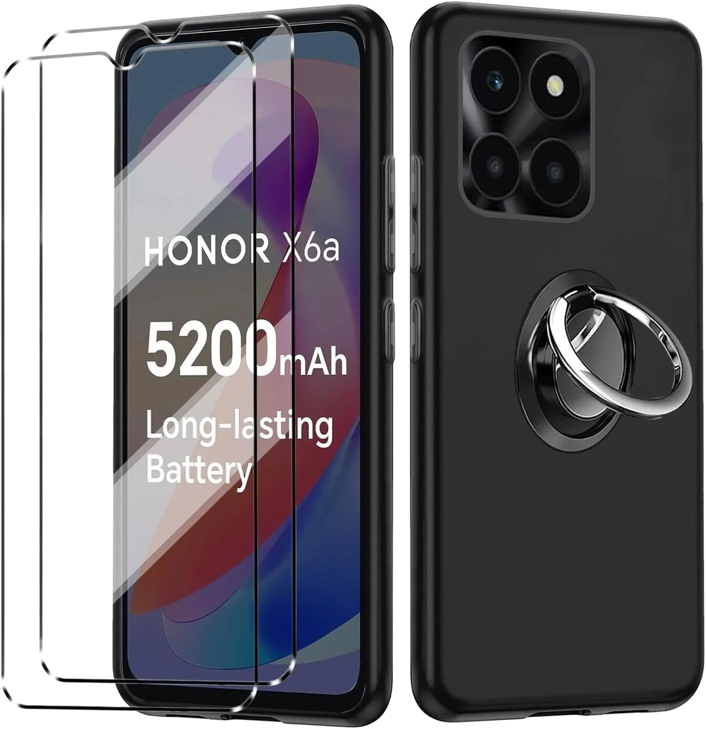 کاور HuiYouMY، دو عدد محافظ صفحه شیشه ای و یک حلقه، سازگار با Honor X6A، کاور ضد ضربه به همراه محافظ صفحه شیشه ای سازگار با Honor X6A، مشکی