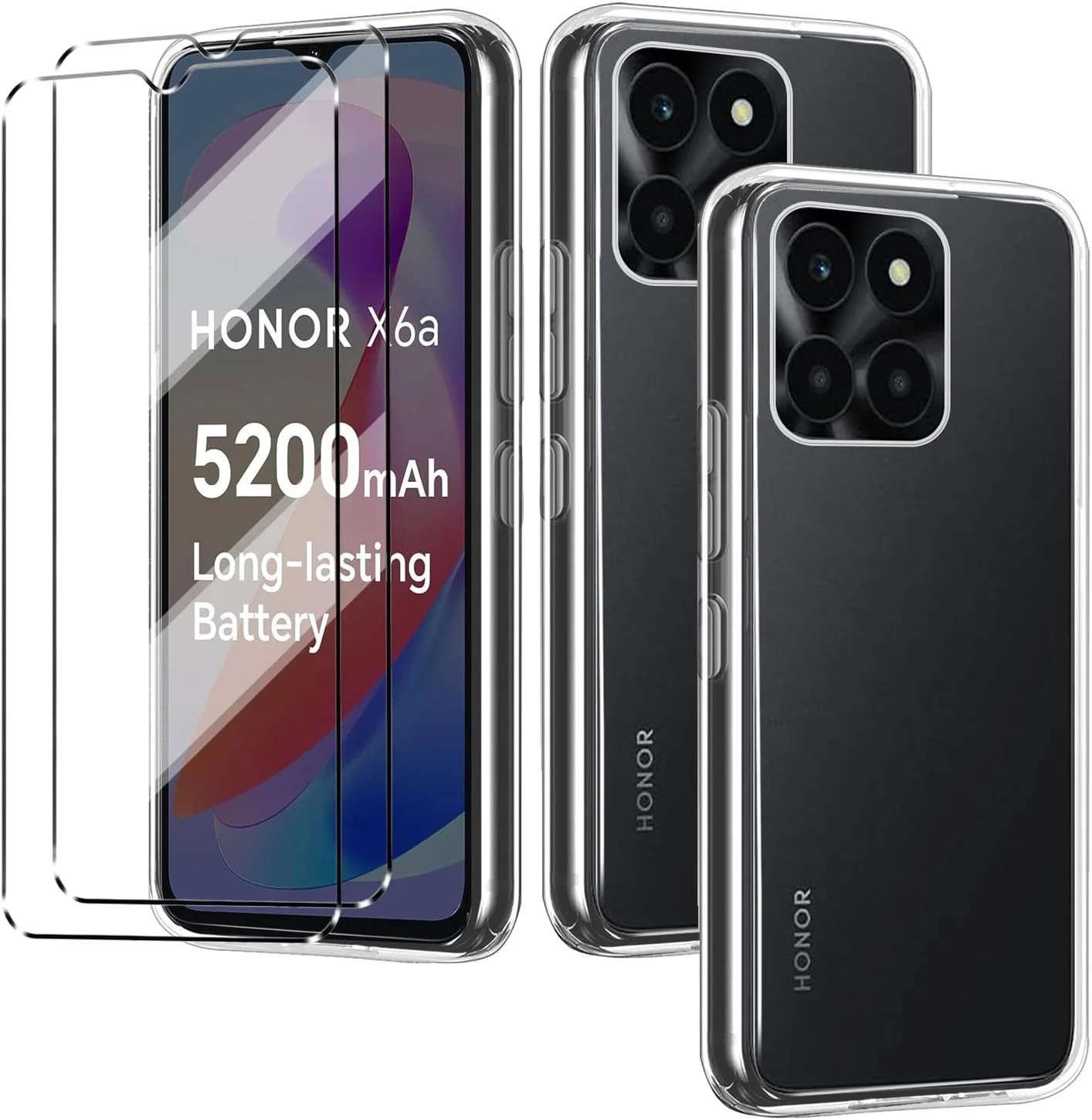 هویو مای 2 عدد کاور و 2 عدد گلس سازگار با آنر X6A، کاور ضد ضربه به همراه محافظ صفحه نمایش شیشه ای سازگار با آنر X6A، شفاف