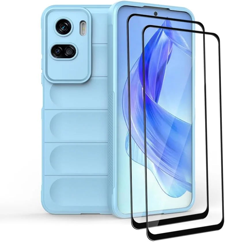 کاور محافظ گوشی GMUJIAO سازگار با Honor 90 Lite، ضد لغزش، ضد ضربه، ضد خش، به همراه 2 محافظ صفحه نمایش شیشه ای حرارت دیده [مقاوم در برابر خراش] - آبی روشن