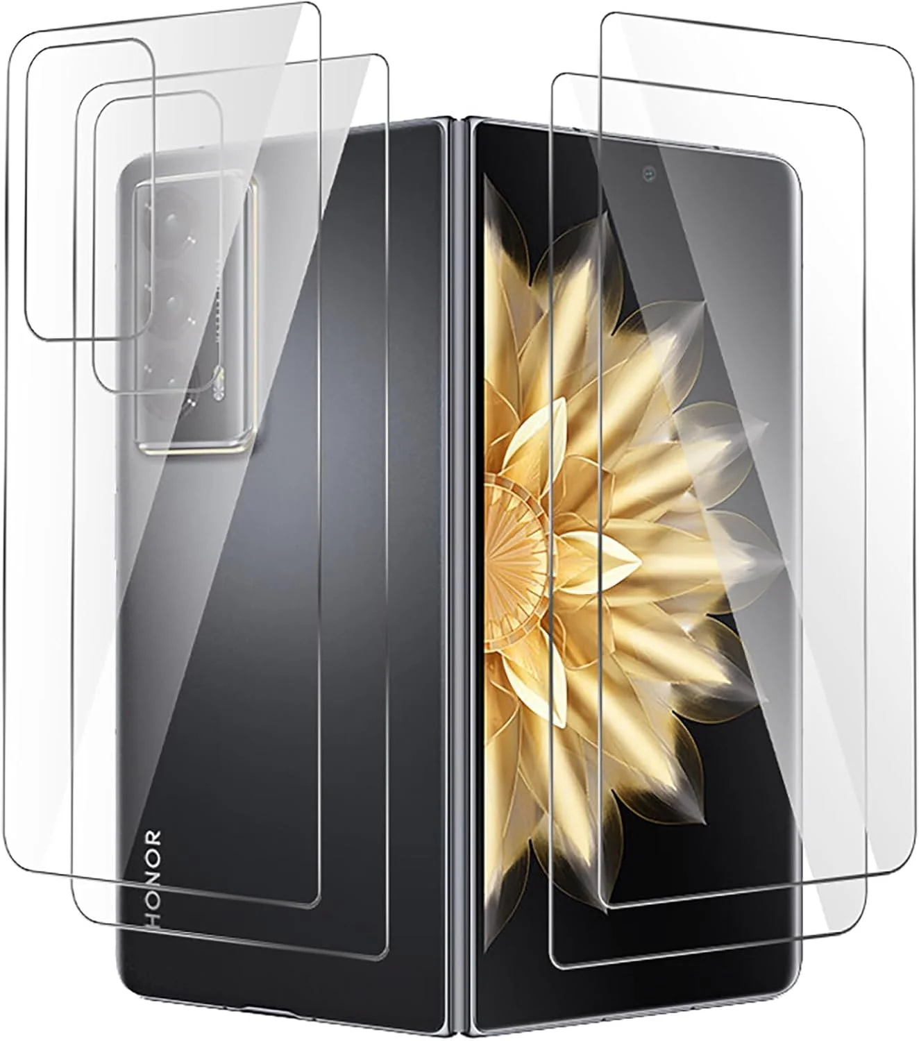 محافظ صفحه نمایش ژیوپوی [بسته 2+2] سازگار با HONOR Magic V2، همراه با محافظ پشت، TPU انعطاف پذیر، فوق العاده نازک، مقاوم در برابر خراش، سازگار با قاب، ضد روغن، صاف